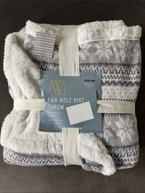 Wayland Square Fair Aisle Knit Throw Blanket Gray & White Faux Fur 50x60” NEW